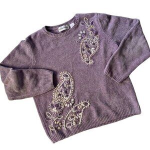 Vintage Pastel Lilac Paisley Embroidered Grandmacore Sweater